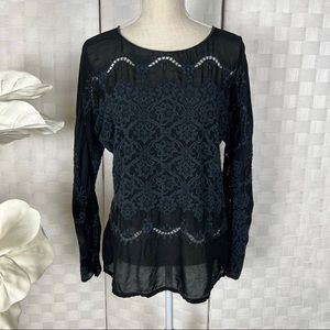 Johnny Was Black Sheer Embroidered Long-Sleeve Blouse
